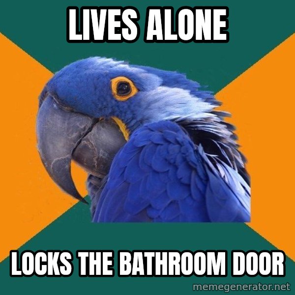Paranoid Parrot meme: Lives alone / Locks the bathroom door