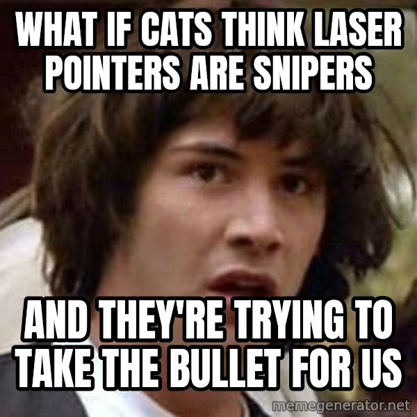 Conspiracy Keanu meme: What if cats think laser pointers are snipers / And they're trying to take the bullet for us