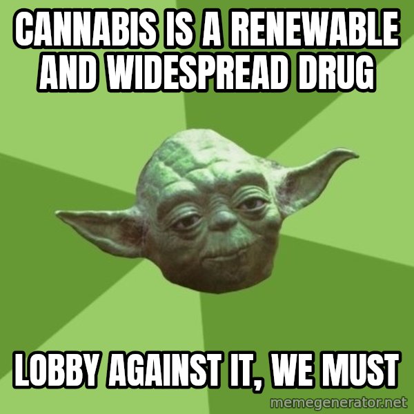 Advice Yoda Gives meme: Cannabis is a renewable and widespread drug / lobby against it, we must