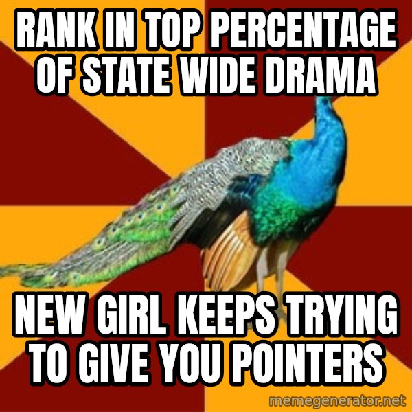 Thespian Peacock meme: rank in top percentage of state wide drama / new girl keeps trying to give you pointers