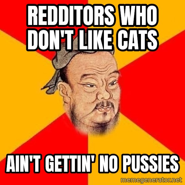 Wise Confucius meme: redditors who don't like cats / ain't gettin' no pussies