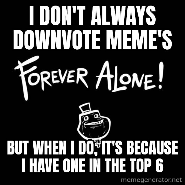The Most Interesting Man In The World meme: I don't always downvote meme's / but when I do, it's because I have one in the top 6