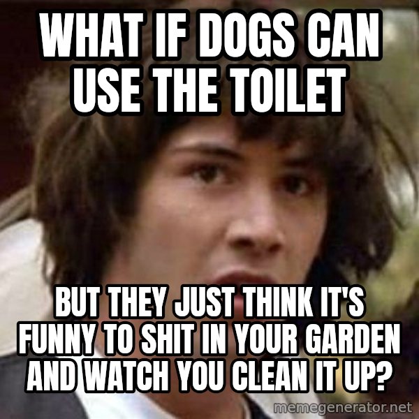 Conspiracy Keanu meme: what if dogs can use the toilet / but they just think it's funny to shit in your garden and watch you clean it up?
