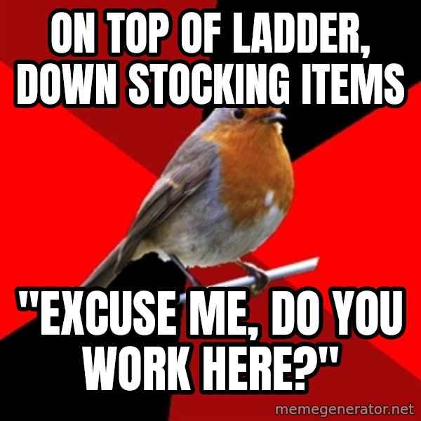 Retail Robin meme: On top of ladder, down stocking items / "excuse me, do you work here?"