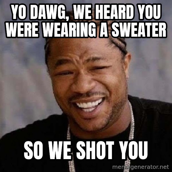 Yo Dawg meme: yo dawg, we heard you were wearing a sweater / so we shot you