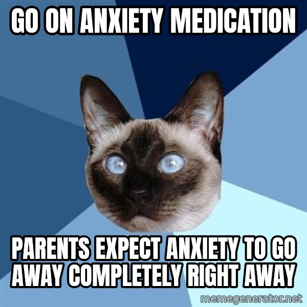 Chronic Illness Cat meme: Go on anxiety medication / Parents expect anxiety to go away completely right away