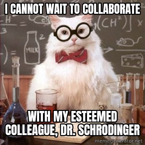 Chemistry Cat meme: I cannot wait to collaborate / with my esteemed colleague, Dr. Schrodinger