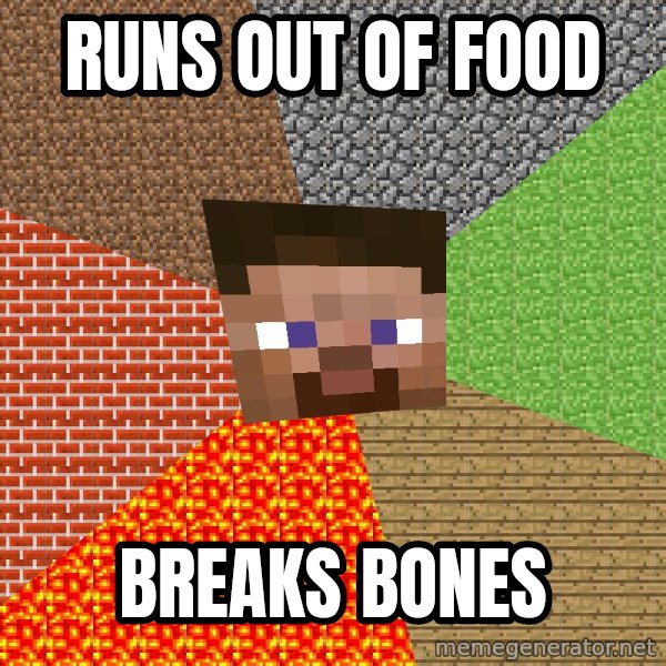 Minecraft Guy meme: Runs out of food / Breaks bones
