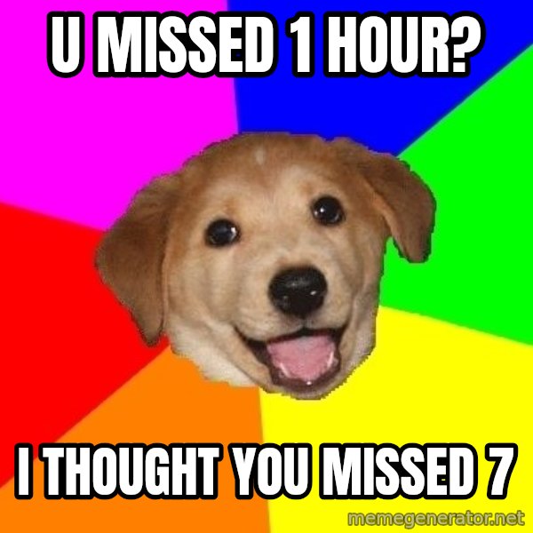 Advice Dog meme: u missed 1 hour? / i thought you missed 7