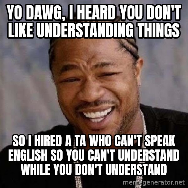 Yo Dawg meme: Yo dawg, I heard you Don't like understanDing things / So I hired a TA who can't speak English so you can't understand while you don't understand