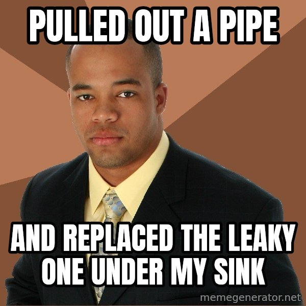 Successful Black Man meme: pulled out a pipe / and replaced the leaky one under my sink