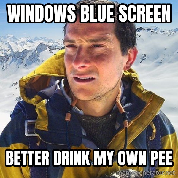 Bear Grylls meme: WINDOWS BLUE SCREEN / BETTER DRINK MY OWN PEE