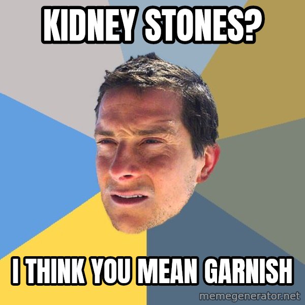 Bear Grylls meme: kidney stones? / I think you mean garnish