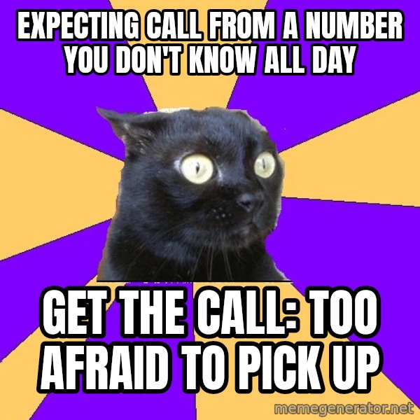 Anxiety Cat meme: expecting call from a number you don't know all day / get the call: too afraid to pick up