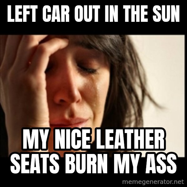 First World Problems meme: Left car out in the sun / my nice leather seats burn my ass