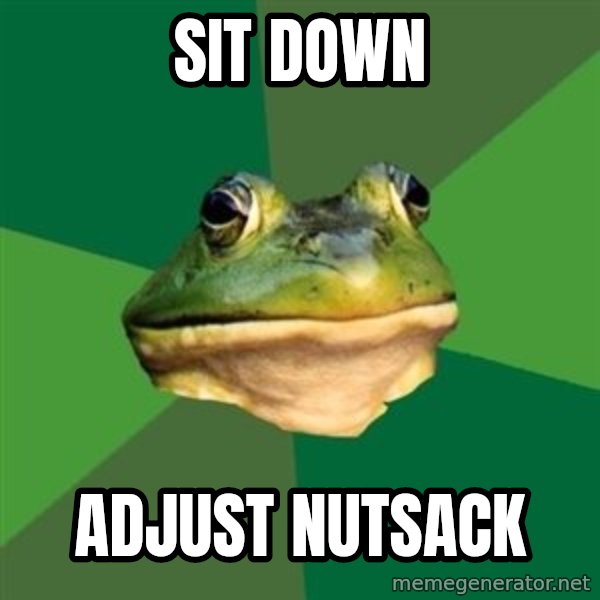 Foul Bachelor Frog meme: sit down / adjust nutsack