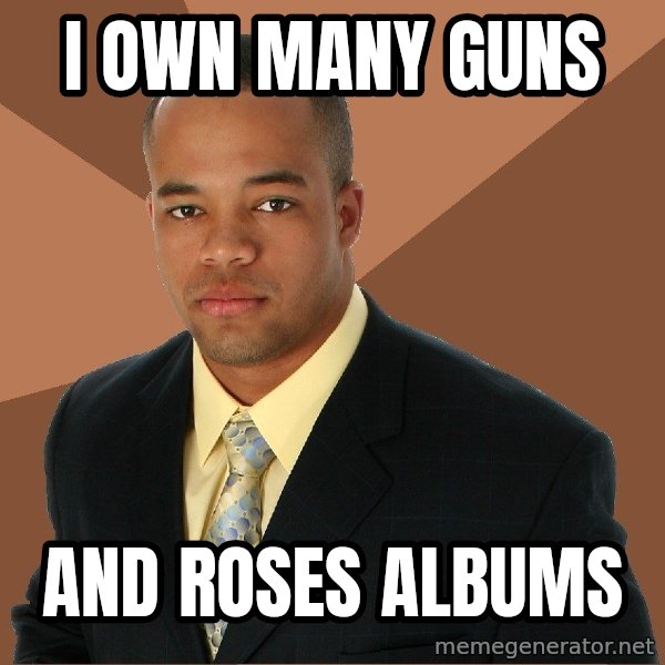 Successful Black Man meme: I own many guns / and roses albums