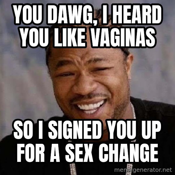 Yo Dawg meme: You dawg, i heard you like vaginas / so i signed you up for a sex change