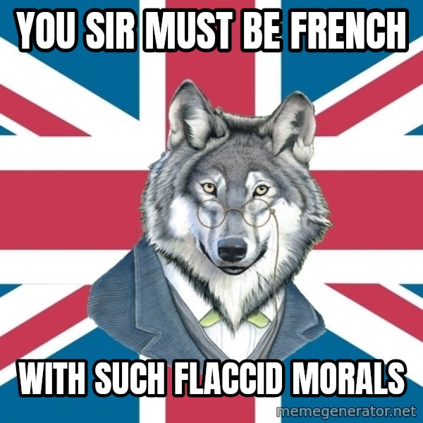 Sir Courage Wolf Esquire meme: YOU SIR must be french / with such flaccid morals