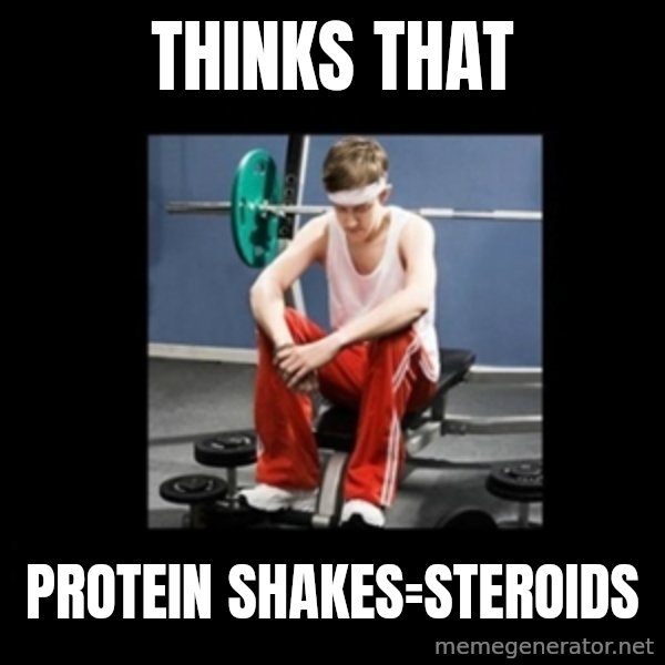 Annoying Gym Newbie meme: Thinks that / Protein shakes=Steroids