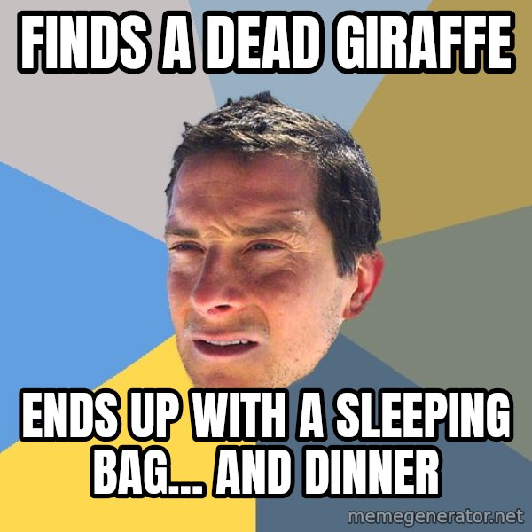 Bear Grylls meme: Finds a dead giraffe / ends up with a sleeping bag... and dinner
