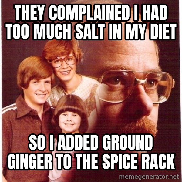 Vengeance Dad meme: they complained i had too much salt in my diet / so i added ground ginger to the spice rack
