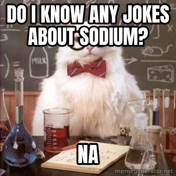 Chemistry Cat meme: Do i know any jokes about sodium? / Na