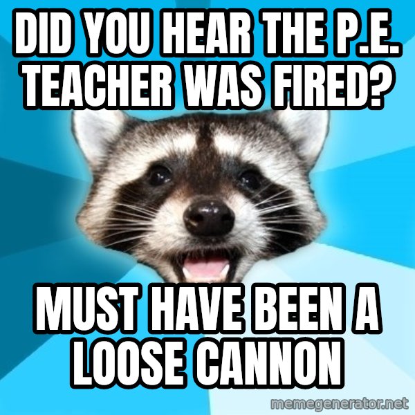 Lame Pun Coon meme: Did you hear the P.e. teacher was fired? / must have been a loose cannon