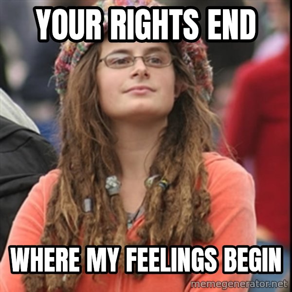 College Liberal meme: your rights end / where my feelings begin