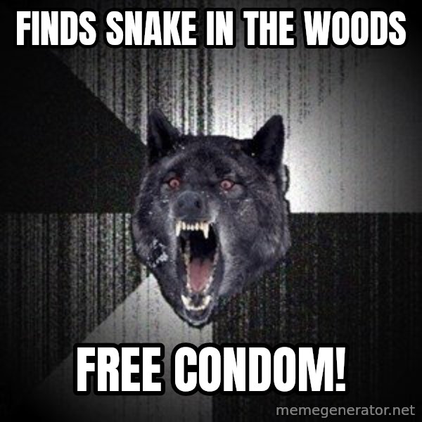 Insanity Wolf meme: Finds Snake in the woods / Free Condom!