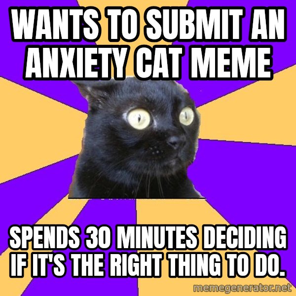 Anxiety Cat meme: WANTS TO SUBMIT AN ANXIETY CAT MEME / SPENDS 30 MINUTES DECIDING IF IT'S THE RIGHT THING TO DO.