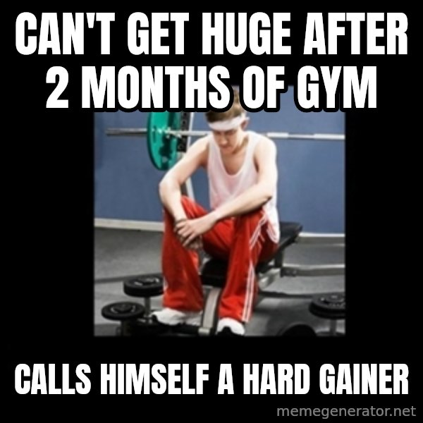 Annoying Gym Newbie meme: can't get huge after 2 months of gym / calls himself a hard gainer