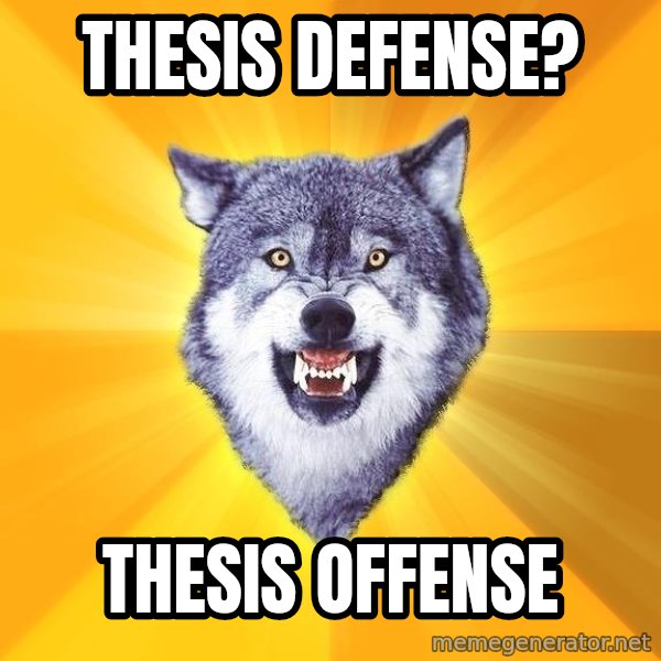 Courage Wolf meme: THESIS DEFENSE? / THESIS OFFENSE