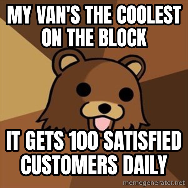 Pedobear meme: MY VAN'S THE COOLEST ON THE BLOCK / IT GETS 100 SATISFIED CUSTOMERS DAILY