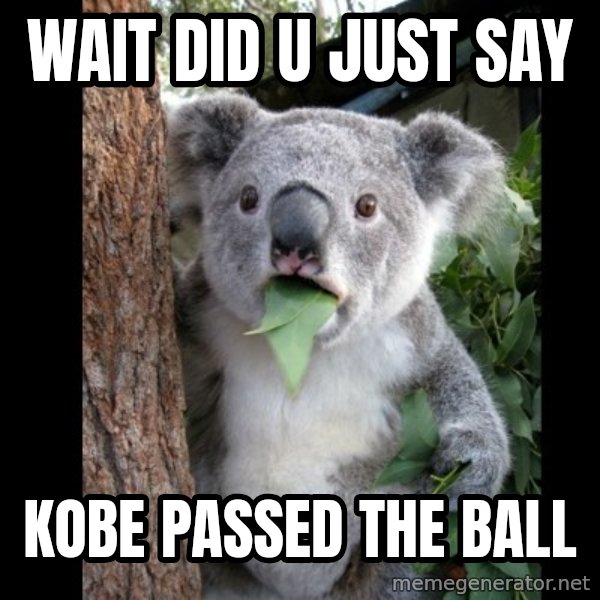 Koala can't believe it meme: WAIT DID U JUST SAY / KOBE PASSED THE BALL