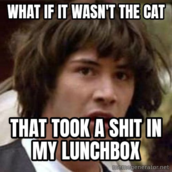Conspiracy Keanu meme: what if it wasn't the cat / that took a shit in my lunchbox