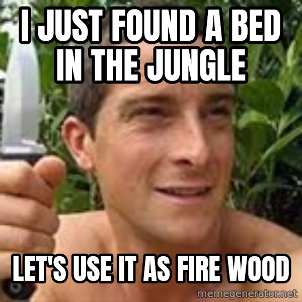 Bear Grylls meme: I Just found a bed in the jungle / let's use it as fire wood