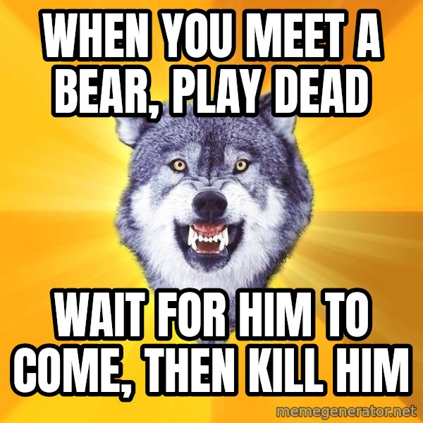 Courage Wolf meme: When you meet a bear, play dead / WAIT FOR HIM TO COME, THEN KILL HIM