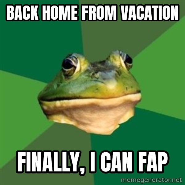 Foul Bachelor Frog meme: Back home from vacation / finally, i can fap