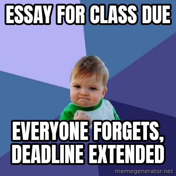 Success Kid meme: Essay for class due / Everyone forgets, deadline extended