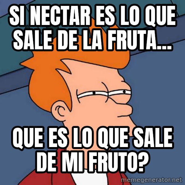 Futurama Fry meme: si nectar es lo que sale de la fruta... / que es lo que sale de mi fruto?