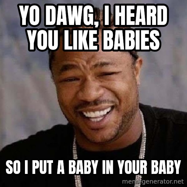 Yo Dawg meme: yo dawg, i heard you like babies / so i put a baby in your baby