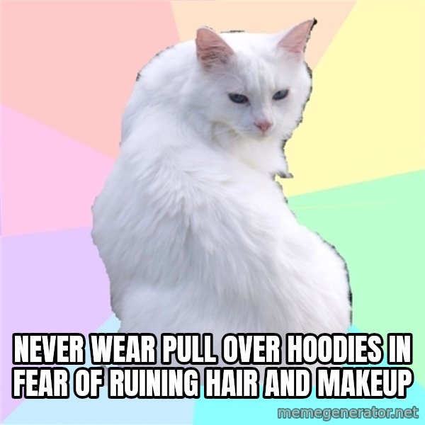 Beauty Addict Kitty meme: never wear pull over hoodies in fear of ruining hair and makeup