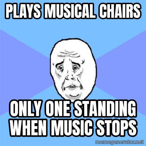 Okay Guy meme: plays musical chairs / only one standing when music stops