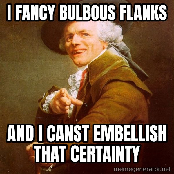Joseph Ducreux meme: I fancy bulbous flanks / and I canst embellish that certainty
