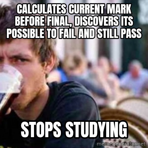 The Lazy College Senior meme: Calculates current mark before final, Discovers its possible to fail and still pass / Stops studying