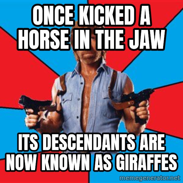 Chuck Norris  meme: Once kicked a horse in the jaw / its descendants are now known as giraffes