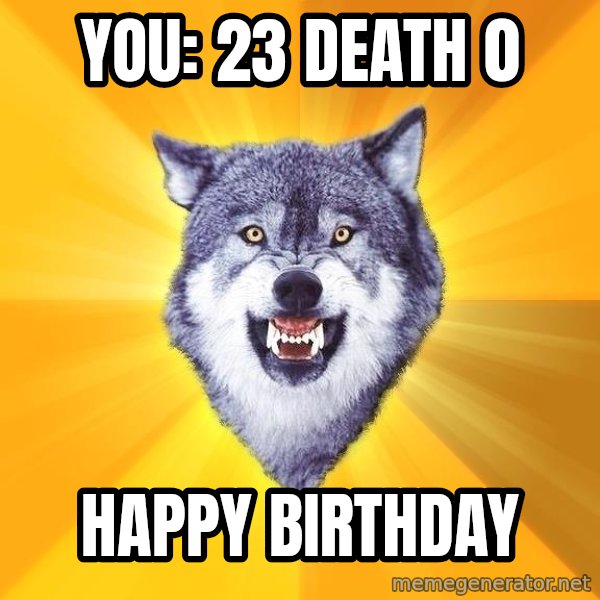 Courage Wolf meme: You: 23  Death 0 / Happy Birthday