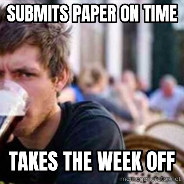 The Lazy College Senior meme: SuBmits paper on time / Takes the week off