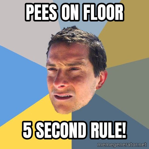 Bear Grylls meme: pees on floor / 5 second rule!